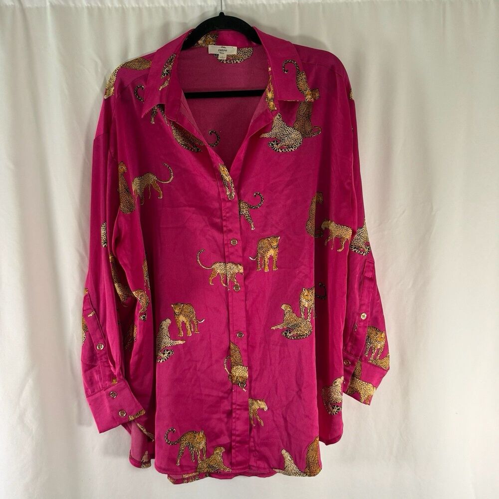 Entro Blouse Women's Large Pink Lepord Print Button Up Long Sleeve Collared